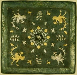 Mirror, Bronze with Lacquered Back, Decorated in Gold and Silver with Scroll Work, Tang Dynasty